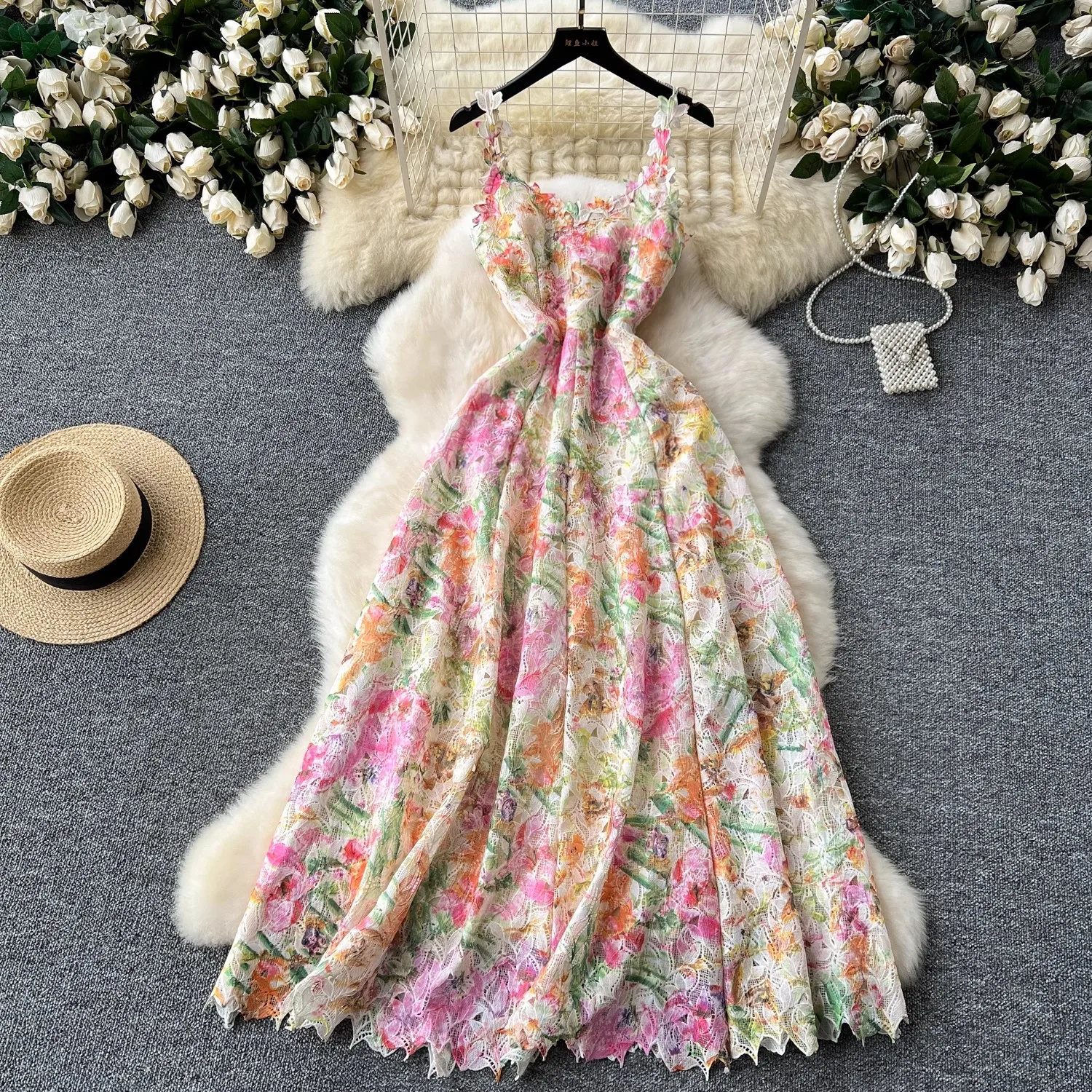 French Elegant Lace Embroidery Floral Print Strap Dress Women Hollow Out Zipper Design Ladies Summer Mesh Vacation Maxi Dress