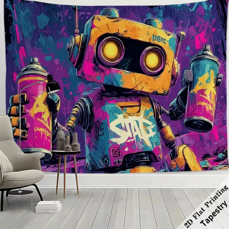 Pop Art Robot Graffiti Tapestry Wall Hanging Vibrant Retro Sci Fi Mural Room Decor Aesthetic Art