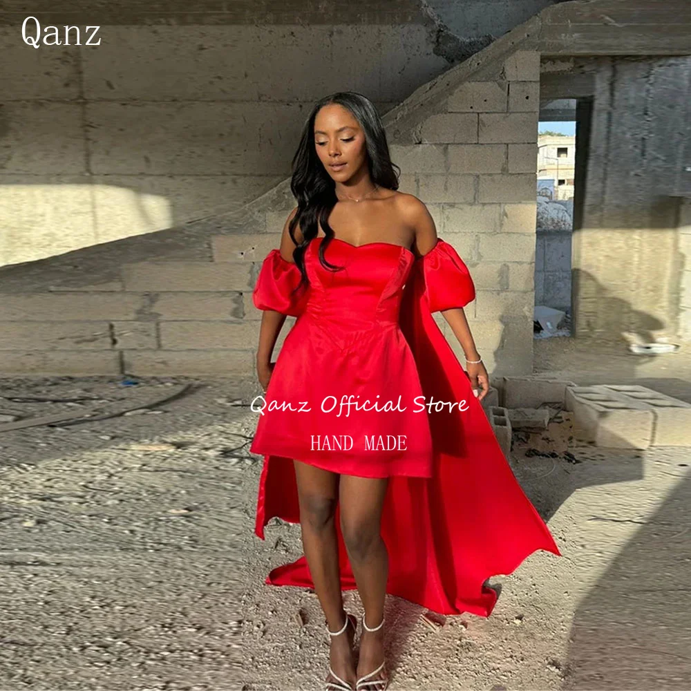 

Qanz Red Satin Prom Dresses Short Sleeves with Shawl Above Knee Party Gown Lace Up Back Vestidos De Fiesta Elegantes Customized