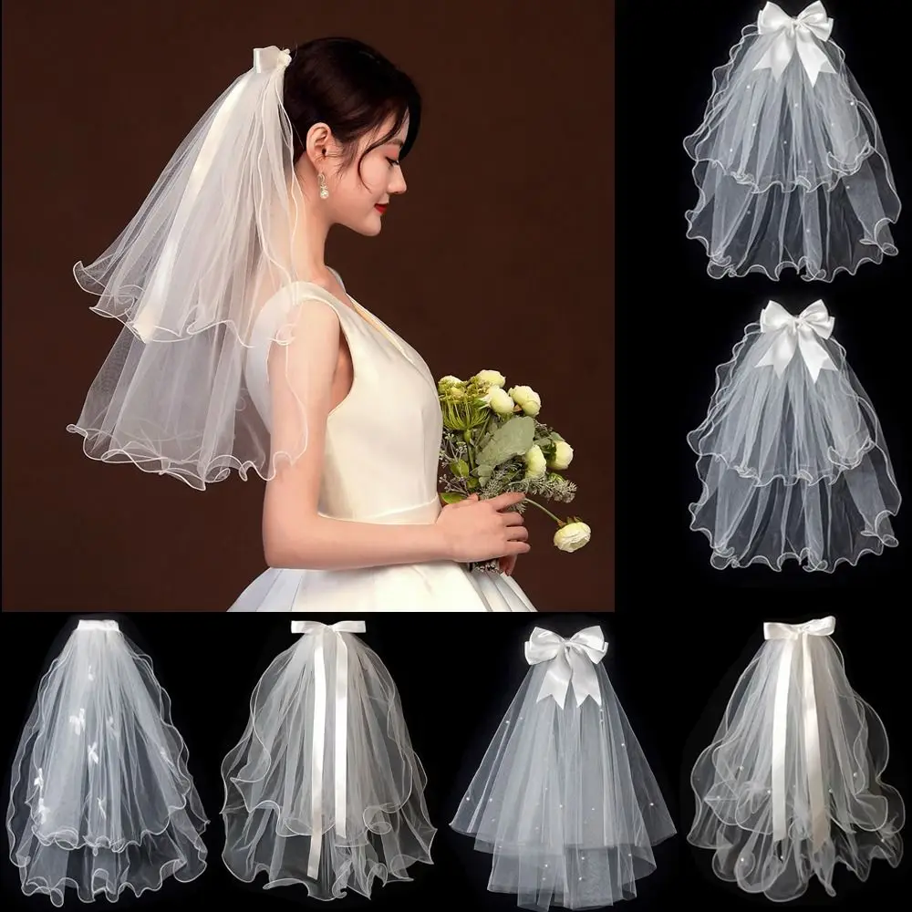 New Two Layer Bridal Veil Lace Edge White Women's Tulle Short Simple Wedding Veil