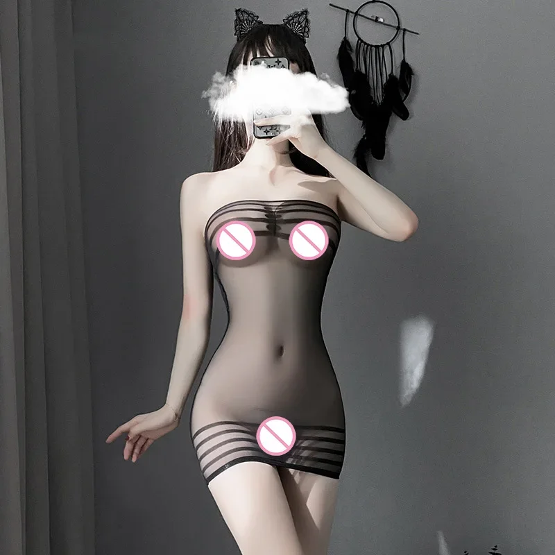 

Women Black Stripe Underwear Sexy Lingerie Tube top Mesh Babydoll Transaprent Dress Bondage Body Bodysuits Erotic Bodystockings