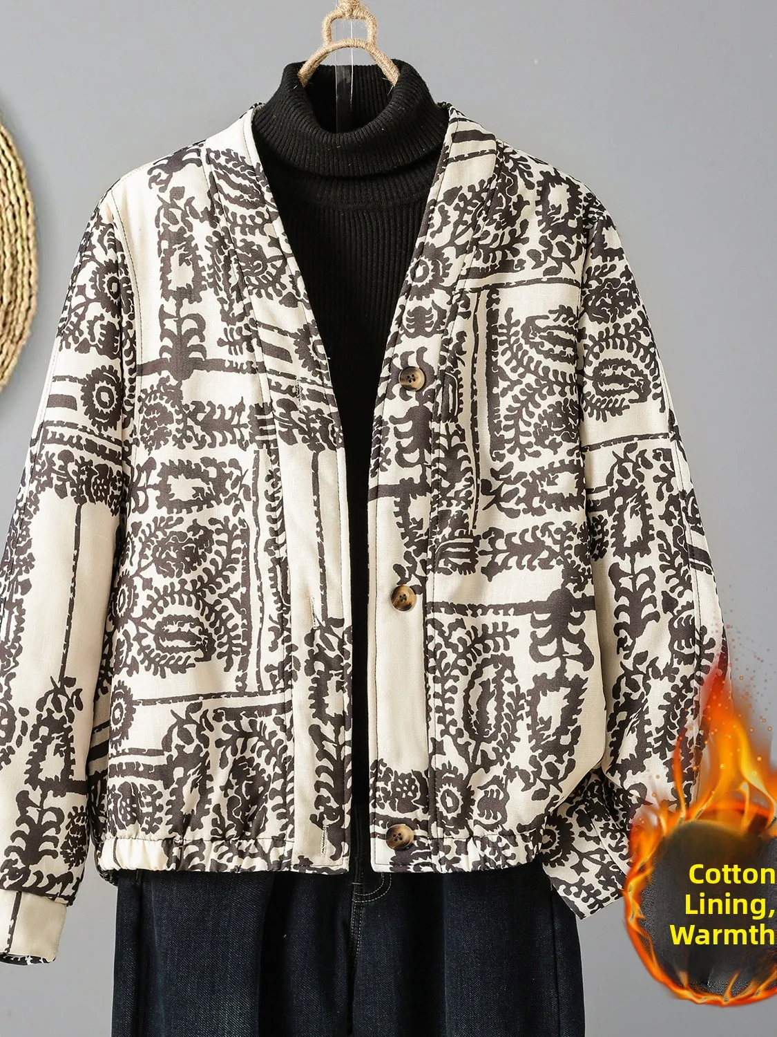 

Retro Cotton Jaet Women's ort Outerwear V-Ne Thiened Printed Cotton Clothes Slimming Winter Coat Floral Pattern