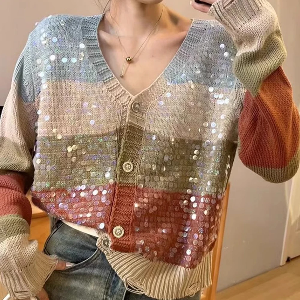 

Women Fashion Contrast Stripe V-neck Sequin Knitted Cardigan Spring Autumn New Single Breasted Design Short Colorful Sweater