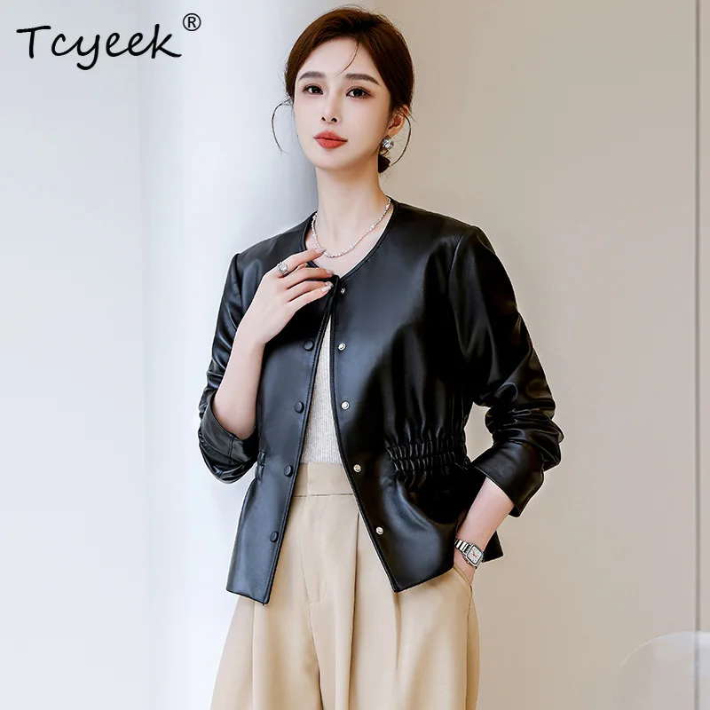 Tcyeek 100% Sheepskin Coats for Woman Real Leather Jacket Women Short Waist-cinching Autumn Jackets Women Clothes 2026 Chaquetas