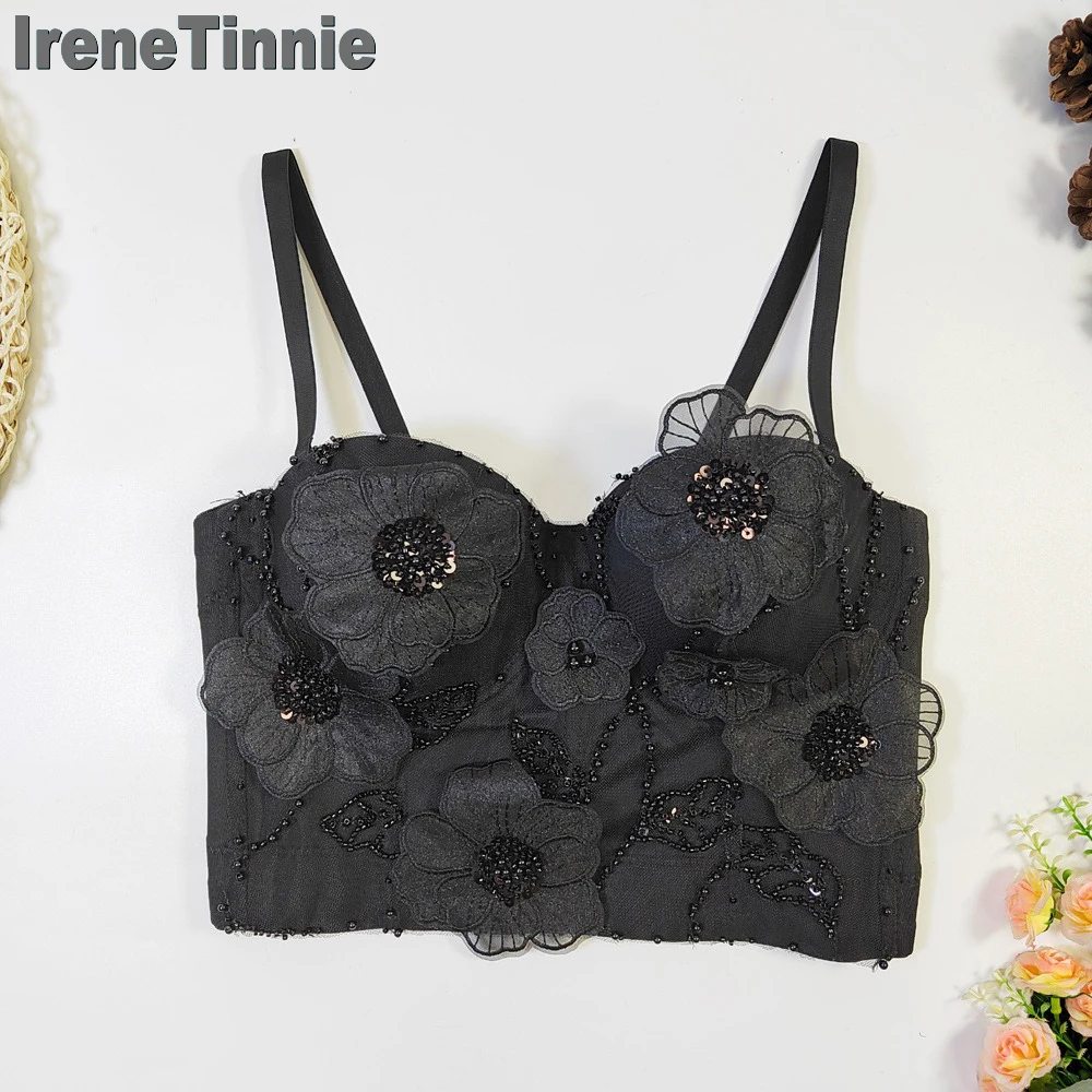 

IRENE TINNIE Fashion Pearl Halter Tank Top Bustier Flower Nail Bead Camisas Corset Women Backless Y2K Crop Tops Ropa De Mujer