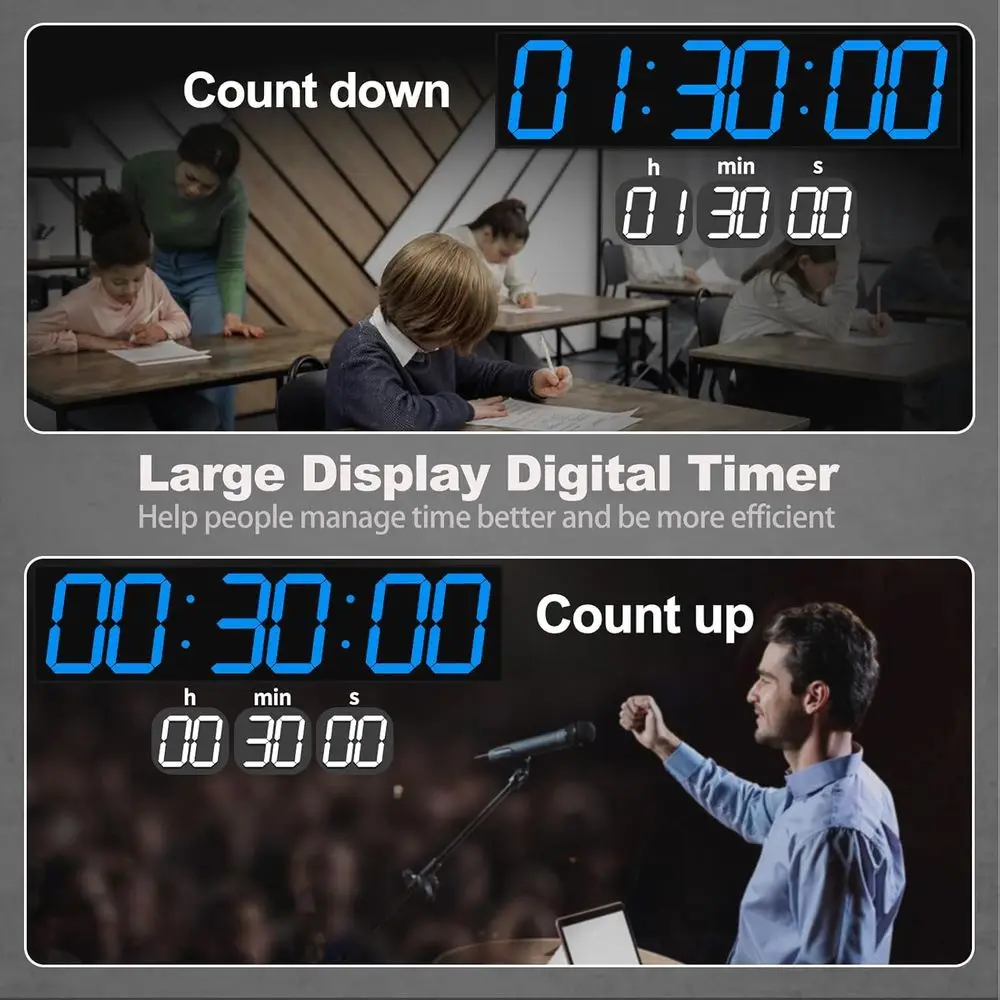 Duży cyfrowy zegar ścienny 28,4 cala z alarmem, kalendarzem, temperaturą, funkcją automatycznej synchronizacji i funkcjami timera (niebieski)