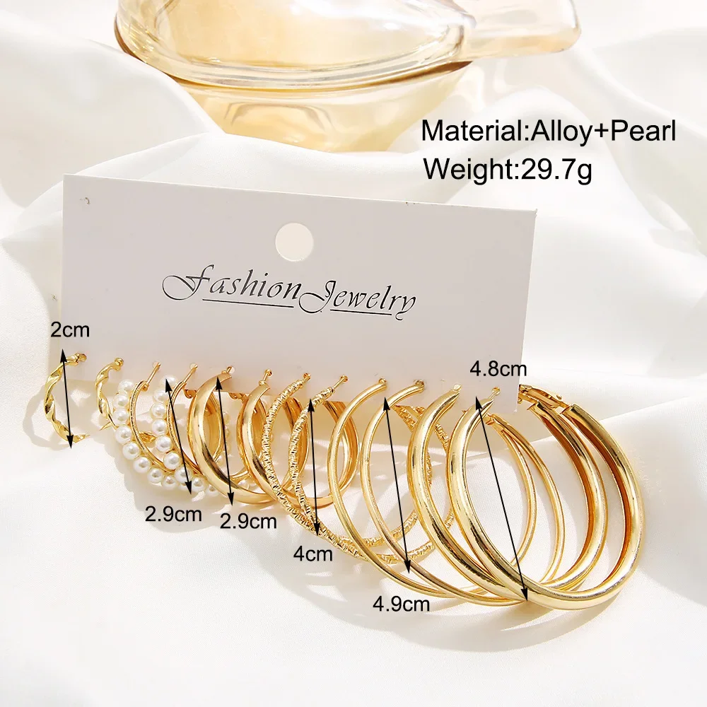 Boho Big Circle Hoop Earring Set for Women, Gold Color Bohemia Vintage Pearl Earring Heart Zircon Ear Studs Jewelry Gifts
