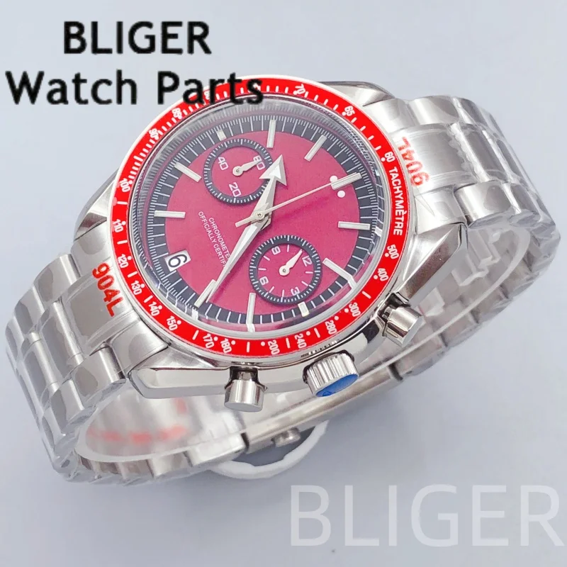 BLIGER 40MM VK64 Quartz Watch Men's Moon Chronograph Watches Burgundy Red Dial Luminous Coated Glass 5Bar Diving Reloj Hombre