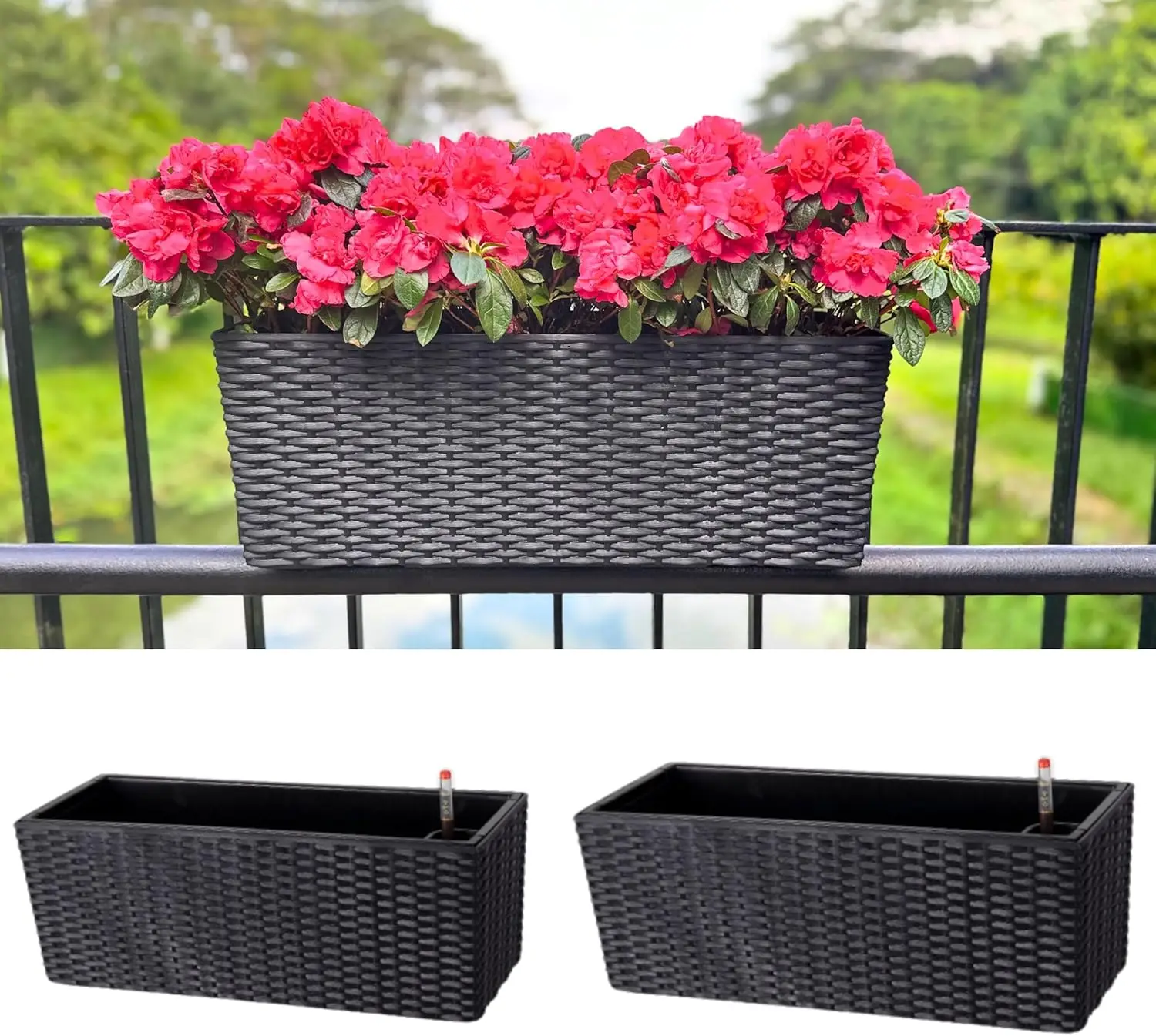 

Outdoor Rail Planter for Balcony, 20 Inch 2-Pack Large Black Self-Watering Deck Railing Planters with Brackets