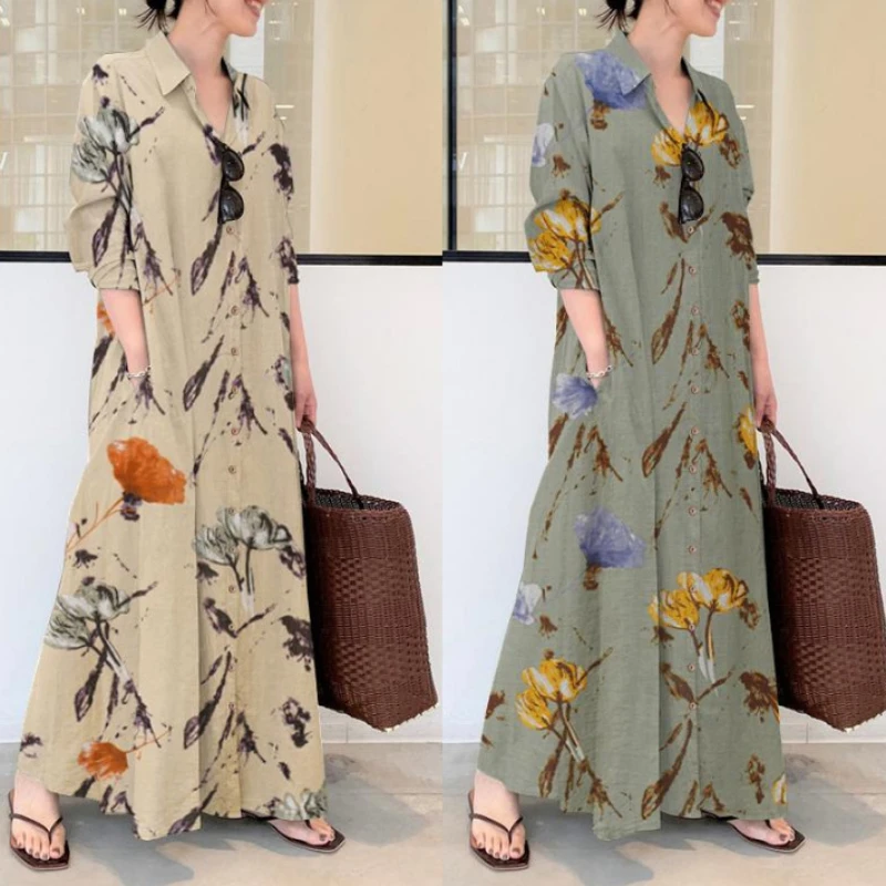 

2025 Muslim Abaya Dress Cotton Linen Color Lapel Long Sleeve Pocket Abayas Women Casual Cardigan Dress for Europe and America