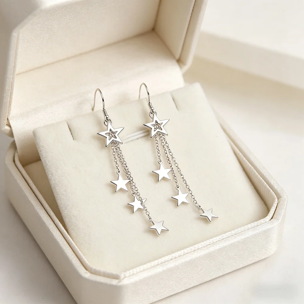 

925 Sterling Silver Star Tassel Earrings for Women Long Chain Drop Earring 5-Pointed Star Dangle Earrings Fashion Jewelry Gift