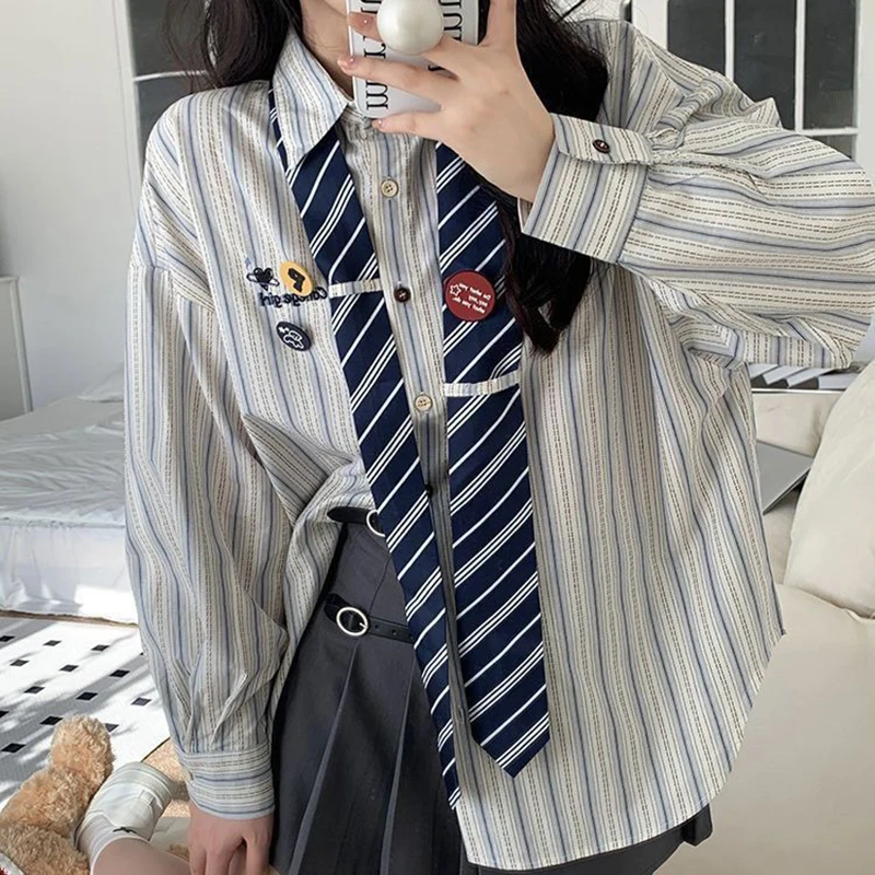 GIDYQ Striped Shirt Women Vintage Patchwork Preppy Style Loose Student Tie Shirt Girlfriend Baggy Long Sleeve Chic Blouses Top