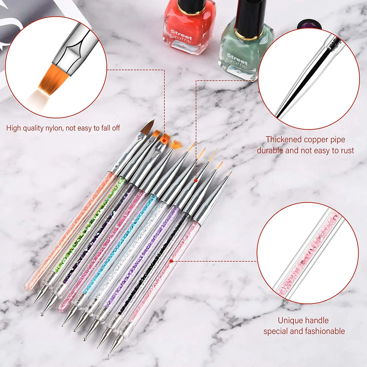 

9PCS Nail Brushes for Nail Art with Nail Liner Brush and Nail Dotting Pens for Home Use and Professional Nail Salon