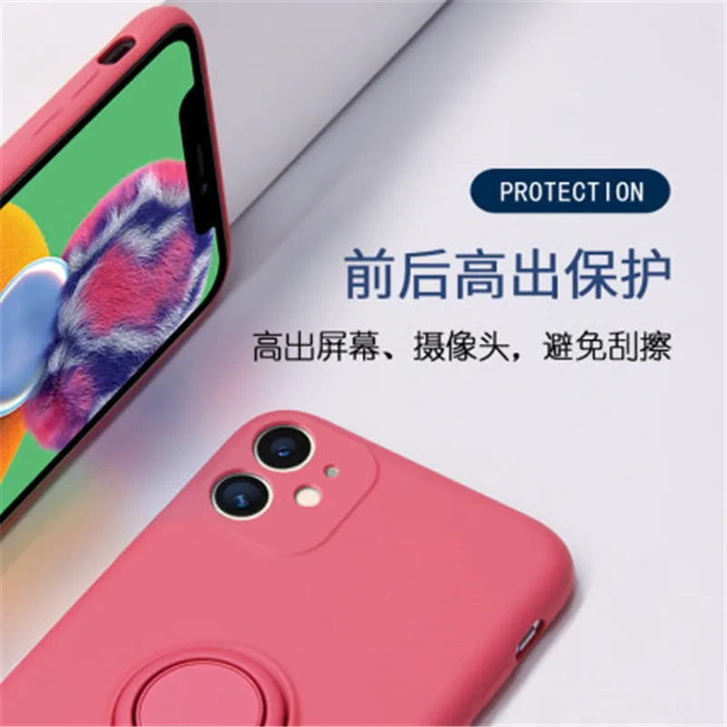 Soft Liquid Silicone Phone Case For iPhone 11 12 13 mini Pro Max XS X XR 7 8 6 6S Plus SE 2020 Stand Ring Shockproof Case Cover