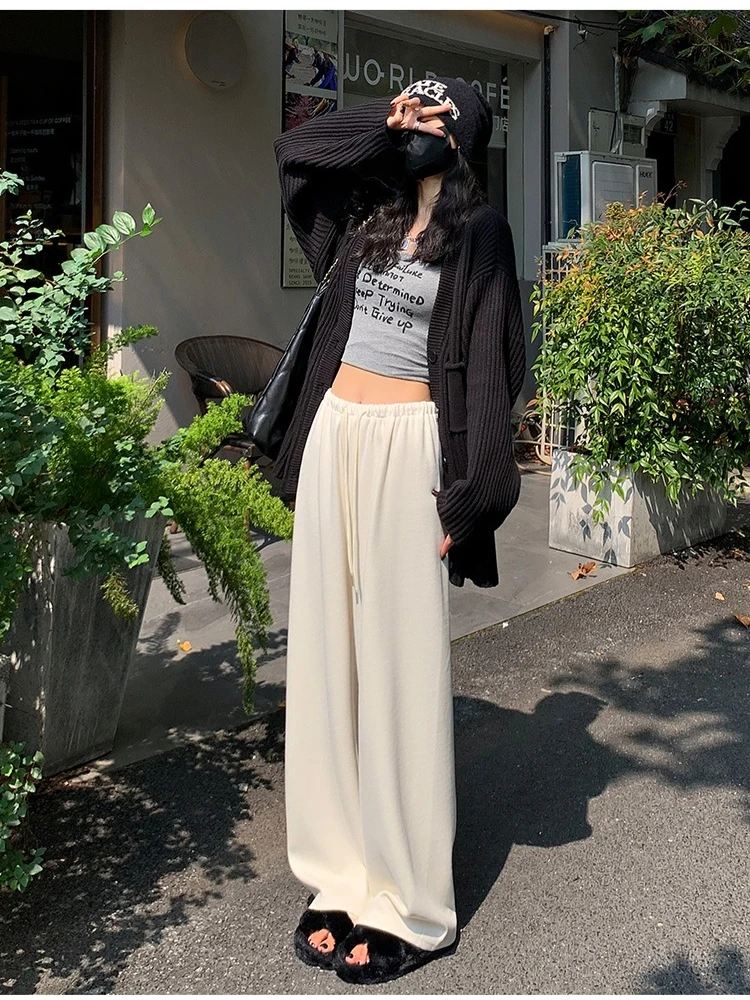 

Однотонные толстые вязаные широкие брюки женские осенне-зимние с высокой талией прямые брюки с висячими штанинами универсальные напольные брюки