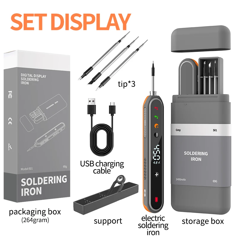 Portable USB Rechargeable Soldering Iron Kit LED Display Type-C Fast Charging 180-450℃ Adjustable for Electronics Repair DIY