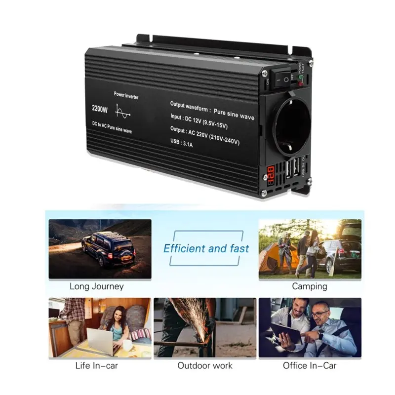Reliable-Voltage Transfer Converter DC 12V To AC 220V 2600W Pure Sine Wave Inverter Universal EU Socket Auto Accessories