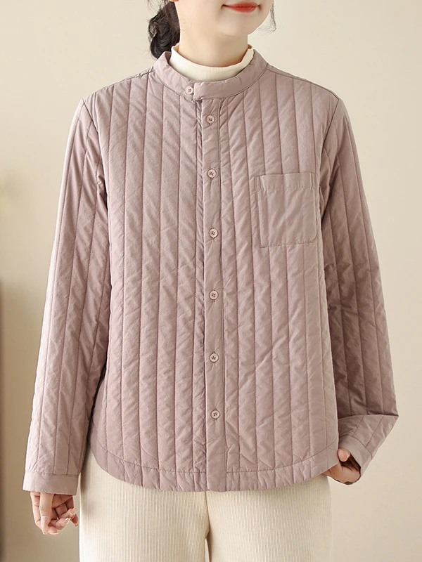 

Slim Fit Cotton Jaet Lightweight Warmth Stand Collar Women's Faion Autumn Outerwear Thiened Long Sve Single Button