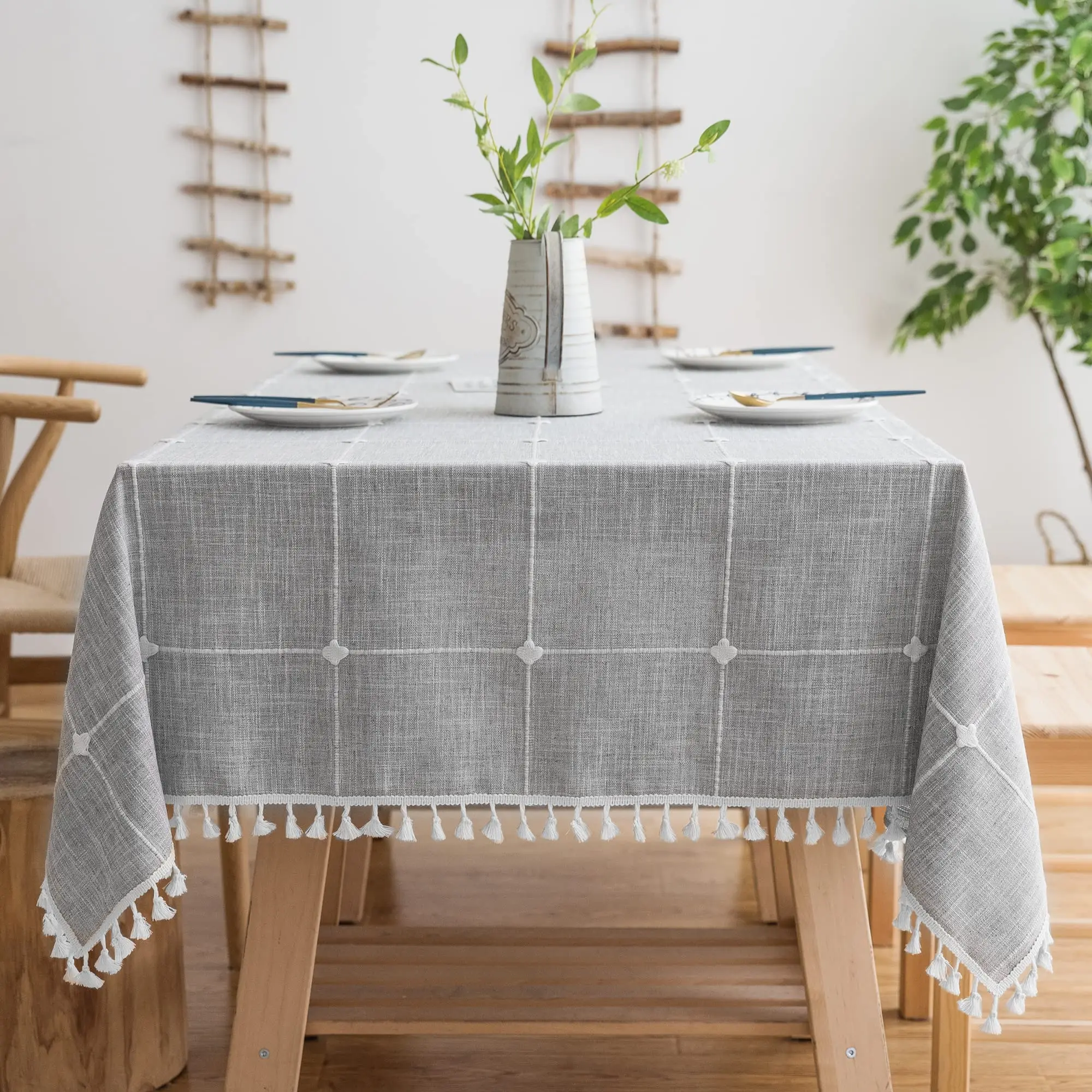 

Cotton Linen Rectangular Table Cloth,Wrinkle Resistant, Waterproof Tablecloth, Washable Farmhouse Table Cover with Tassels