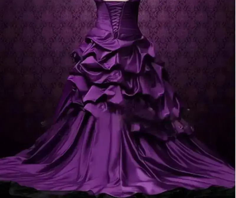 Purple And Black Gothic Wedding Dreses Ruched Tiered Long Bridal Gowns Tiered Ruffle Vintage Victorian Bride Dress Customized