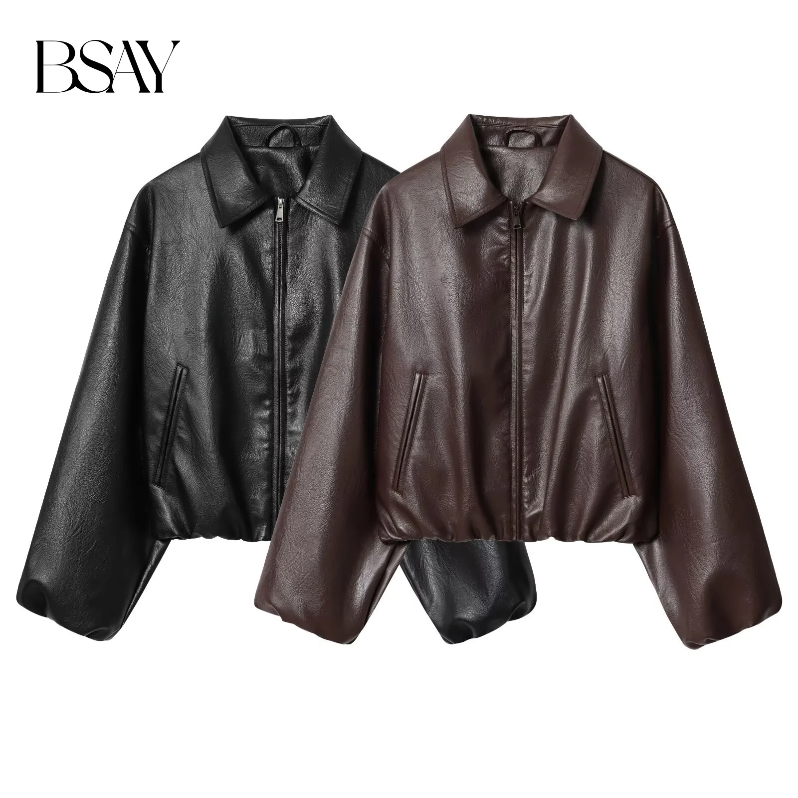 BSAY moda versátil cremallera cuello manga larga suelta mujer otoño nueva colección 2025 chaqueta de piloto abrigo