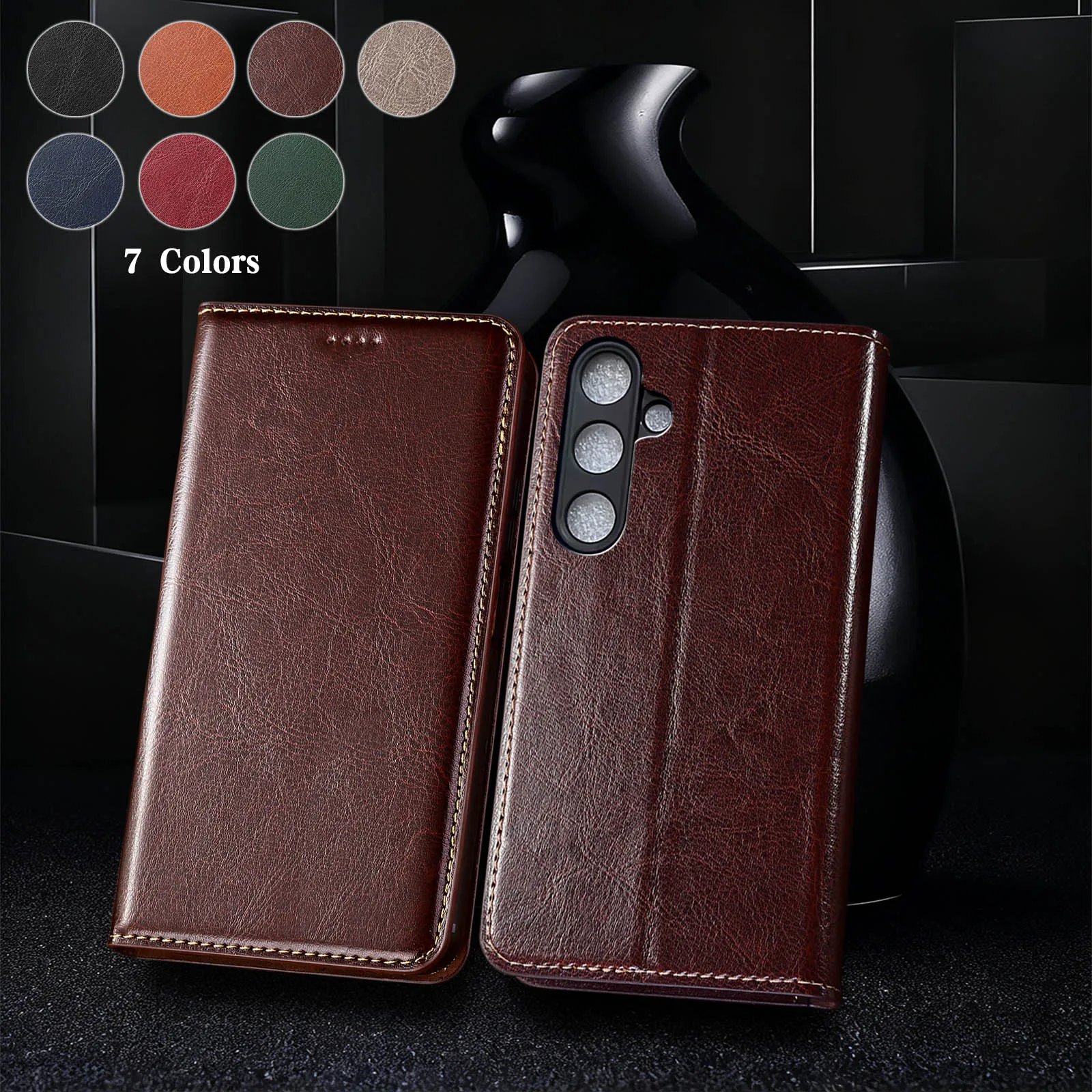 

Чехол-книжка-книжка из натуральной кожи с магнитом для Samsung Galaxy S26 Plus Ultra Crazy Horse с узором откидного чехла