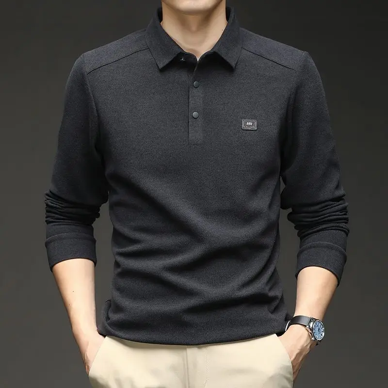 Men Autumn Thick Thermal Fleece Long Sleeve Polo Shirt Solid Collared Business Casual Fashion Top