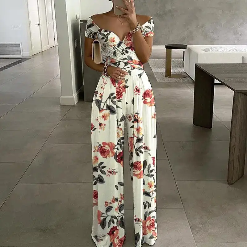 Summer Stripe print Jumpsuit Women High Waist Short Sleeve Wide Leg Long Pants Romper Office Lady Sexy off shoulder overalls