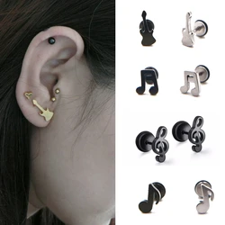 1 par de bonitos pendientes de tuerca de acero inoxidable con símbolo de guitarra musical para mujeres y hombres, abalorio de Color dorado/Negro/acero, joyería Punk Unisex