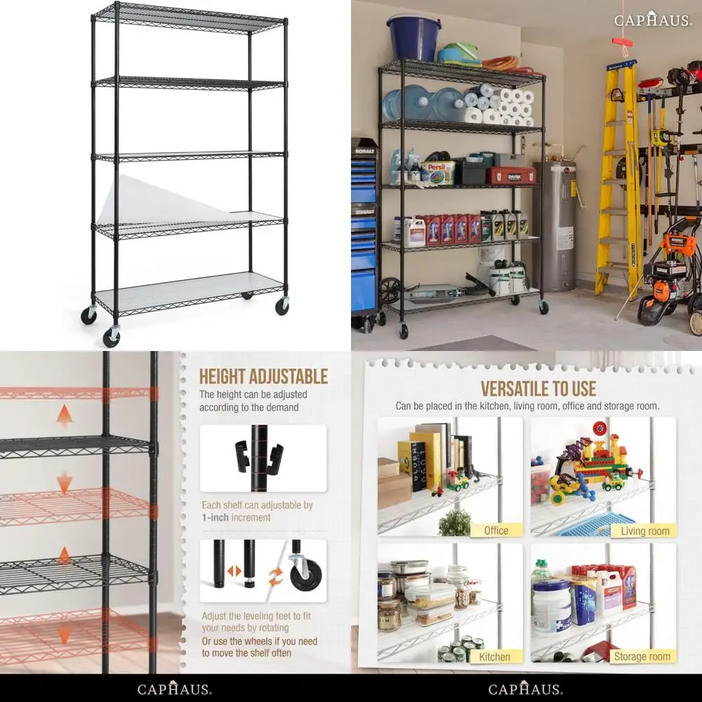 Regały druciane przemysłowe, wytrzymałe, z kółkami, nóżkami poziomującymi, wkładkami, metalowe półki do przechowywania, do zastosowań w garażu.