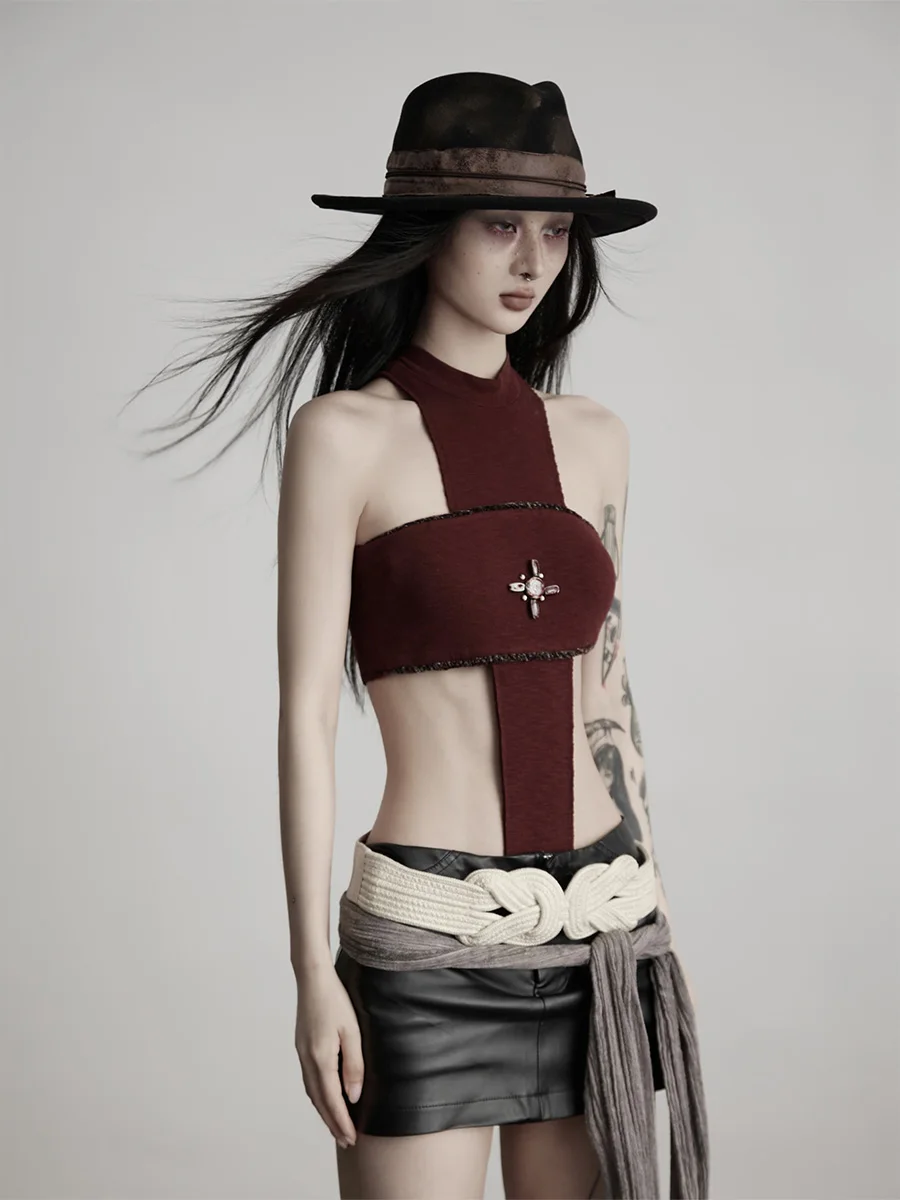 

Уникальный дизайн, красный жилет Cross Ba, женский топ с оборками на плечах, летний облегающий топ обычной длины, смесь хлопка из полиэстера