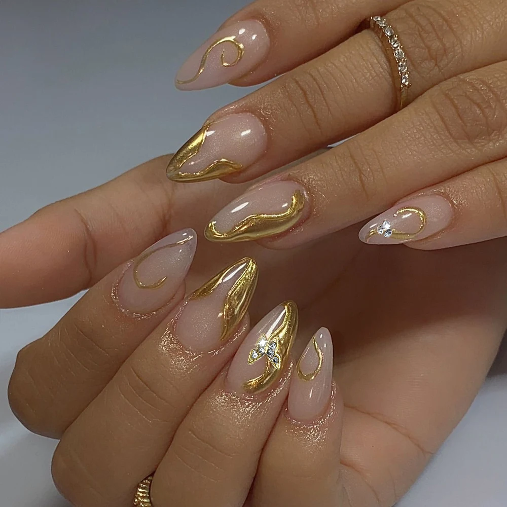 24 Stücke Retro Blume Lange Sarg Französisch Künstliche Nägel Kaviar Perle Floral Gold Hohl Design Drücken Sie Auf Nagelspitzen Y2k Acryl Falsche Nagel