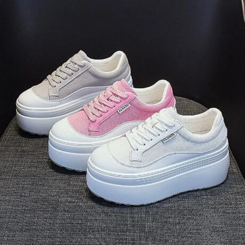 New 8cm Canvas Genuine Leather Women Pink Fashion Sneakers Platform Shoes Wedge Hidden Heel Ladies Summer Mixed Color Vulcanize