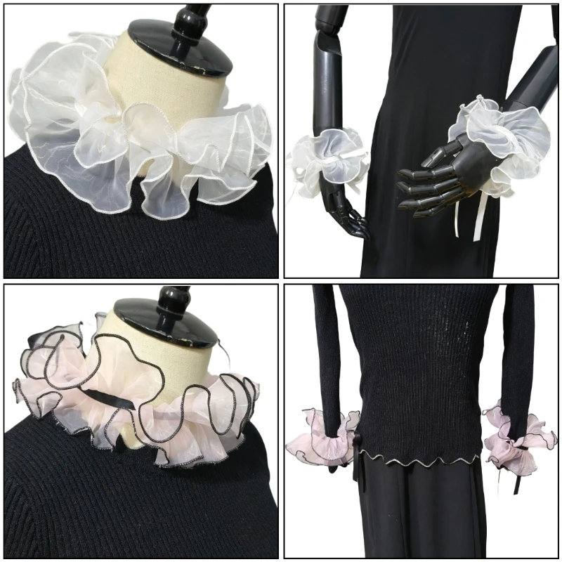 Women's Elegant Victorian Renaissances Ruffled Organza Faux Collar Wrist Cuffs for Themed Parties and Everyday Wear