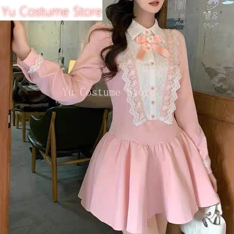 

Women's VintageLace Patchwork Bow Sweet Princess Party Dresses Harajuku Y2K Lolita Kawaii Long Sleeve Mini Dress Sexy Yu Costume