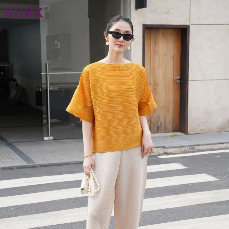 

GGHK Pleated Women T-shirt 2024 Summer New Solid Color Round Neck Design Classic Versatile Korean Fashion Female T-shirt