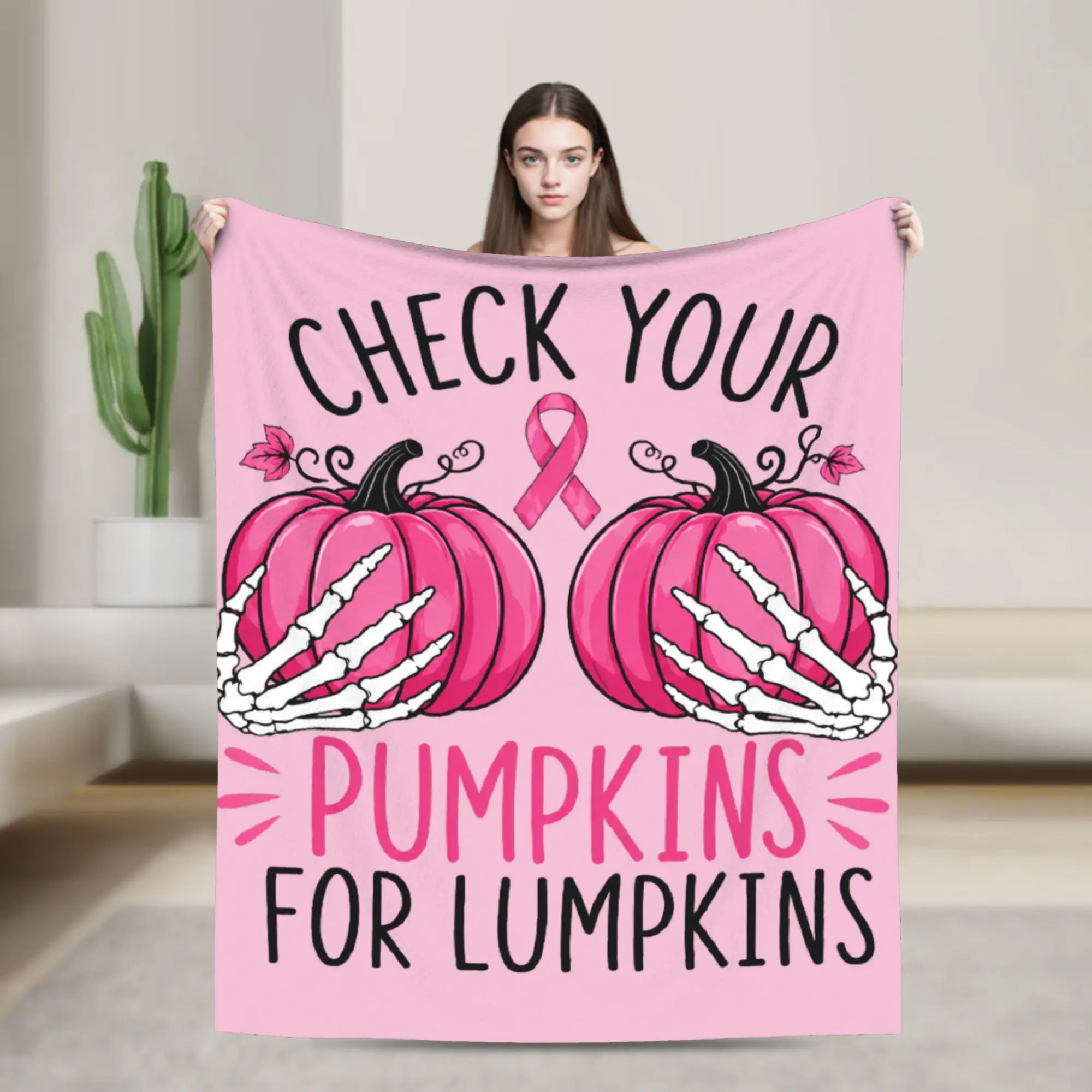 Breast Cancer Awareness Halloween Pumpkins Skeleton Blanket Cover   Flannel Throw Blankets Bed Sofa Decoration Warm Bedspread