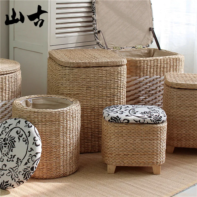Multifunctional Home Shoe Bench Grass Woven Entryway Storage Stool Sitting Storage Box Wood Grain