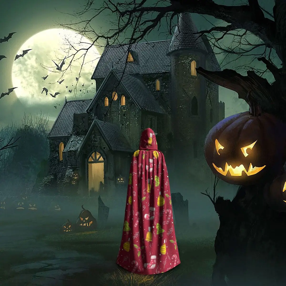 クリスマスの日 クリスマス キャンディケイン ロングフード付きマント 魔女 中世コスチューム コスプレケープ ハロウィンコート 大人用 ユニセックス