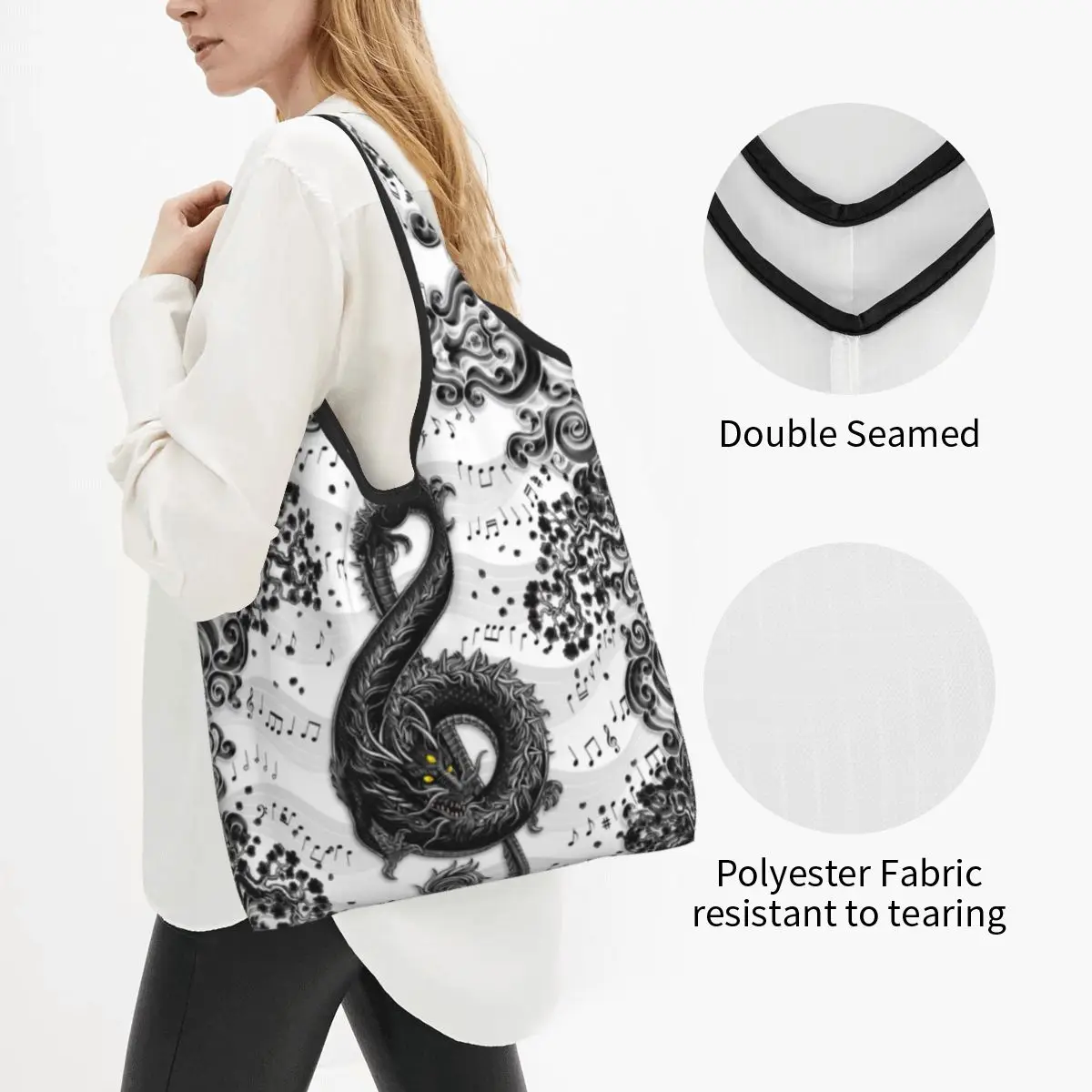 Kawaii Treble Clef Music Dragon Art Shopping Tote Bag Portable Asian Tradition Tattoo Groceries Shoulder Shopper Bag