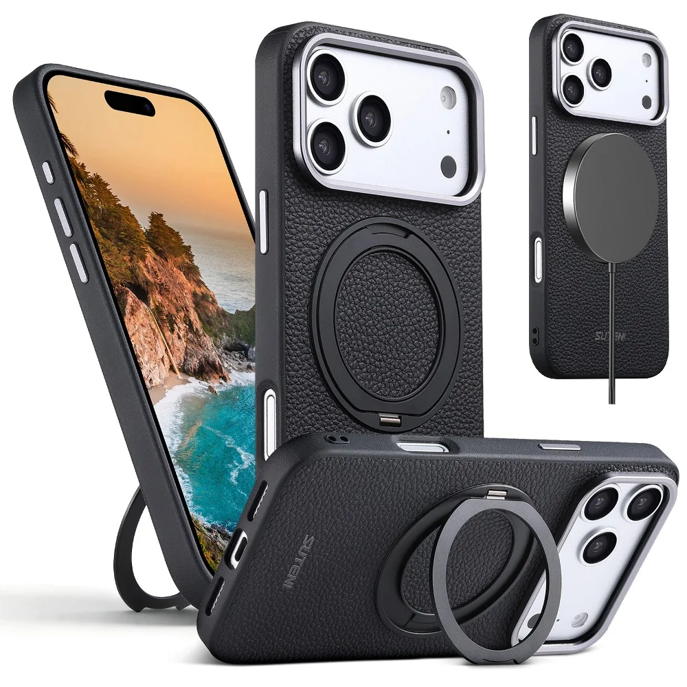 Retro Solid Color Litchi Grain PU Leather Phone Case for iPhone 18 17 16 15 Pro Max with Back 360° Rotatable Holder