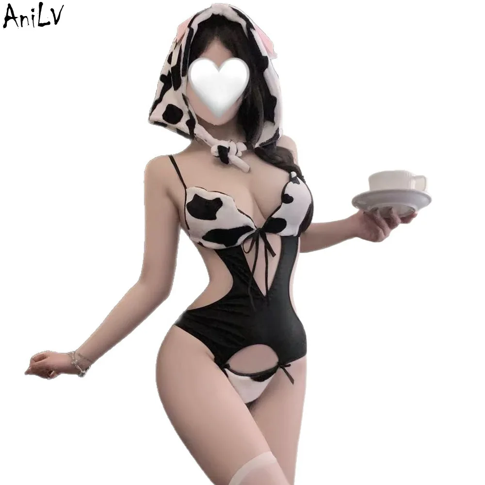 

AniLV коровая униформа горничной, сексуальное женское белье, наряд для девочек, боди для крупного рогатого скота, пижамы, эротические костюмы, косплей