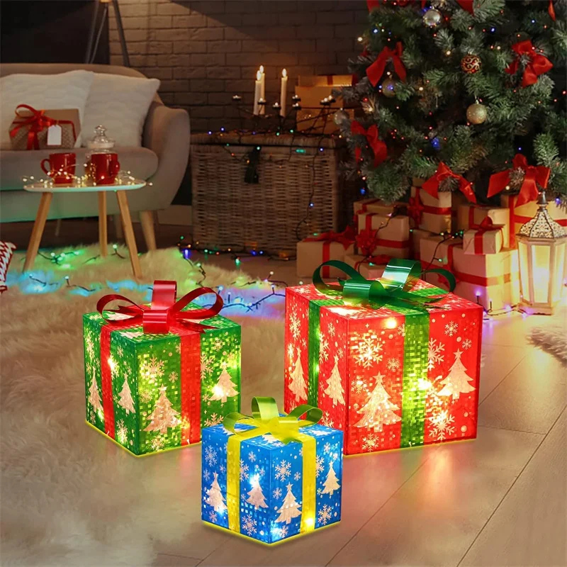 3Pcs/Set PVC Christmas Gift Box Set Luminous Folding Christmas Lighting Box with Bow Ribbon Christmas Glowing Decoration Outdoor