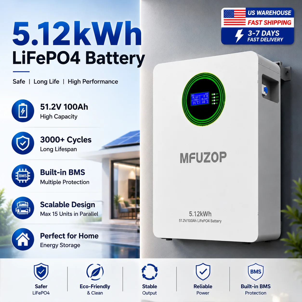 MFUZOP 48V 100Ah Home Energy Storage Battery Pack 5.12kWh LiFePO4 Battery with LED Display System Support 15P Parallel for Households Wall-Mounted