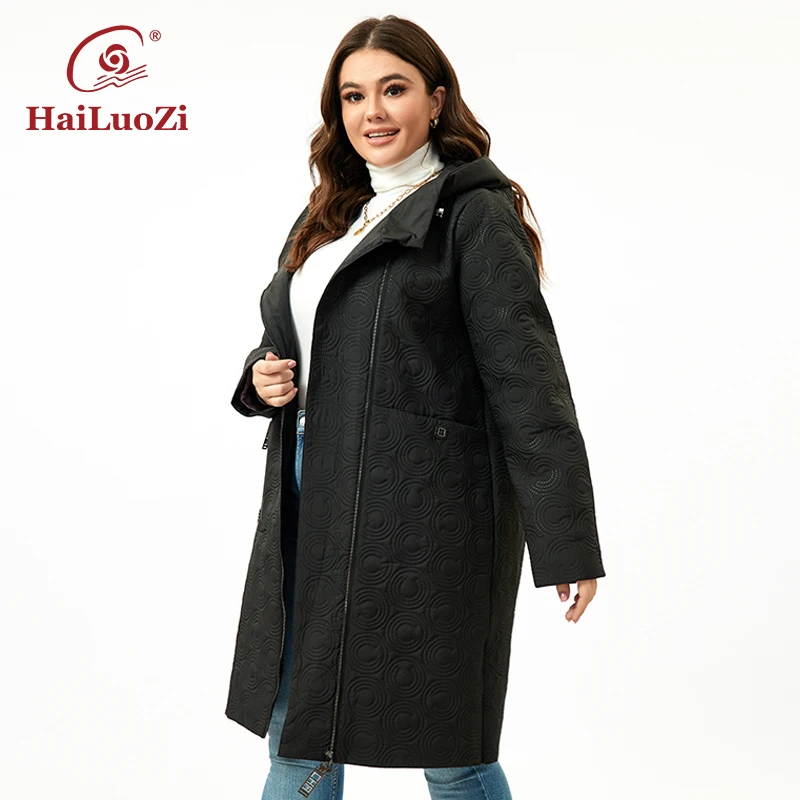 HaiLuoZi 2023 New Spring Women Coat Plus Size Long Hooded Big Pockets Female Parkas Slanted Placket Zipper Women\'s Jackets 5537