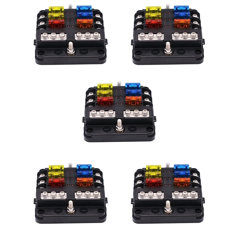 5X 6-Way Waterproof Fuse Block,With LED Indicator 12 Circuits With Negative Marine Fuse Box For Dc 12/24V