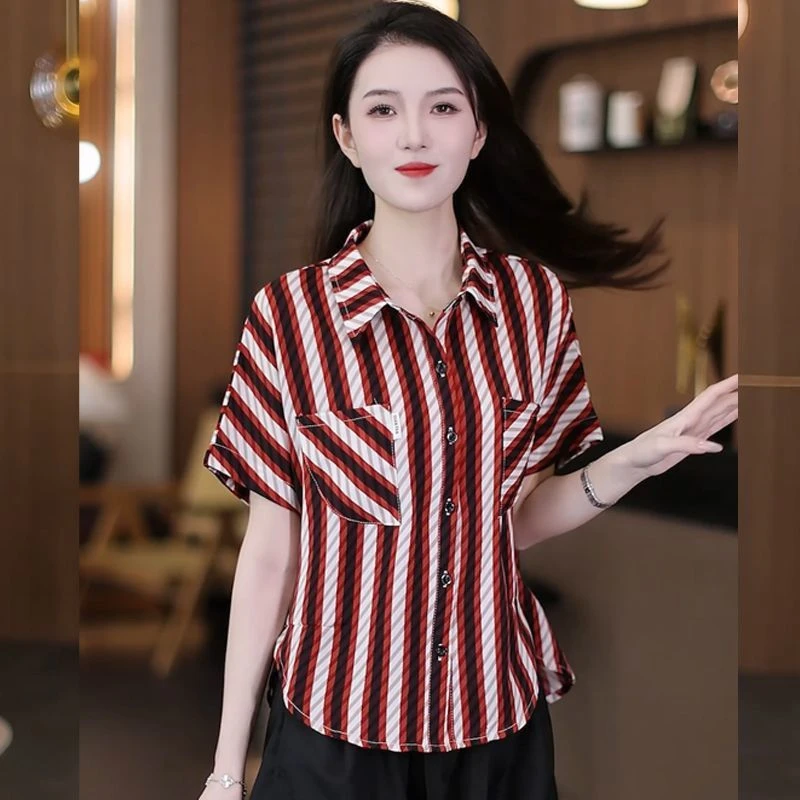 Summer Slimming Ice Silk Loose Striped Women's Shirt Fashionable Trendy Belly Covering Casual Style Short Sleeve T-Shirt 4