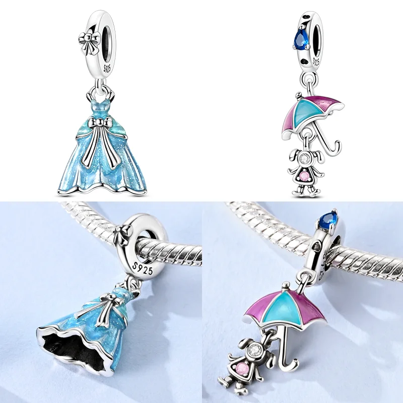

925 Sterling Silver Cinderella Princess Dress Umbrella Charms Bead CZ Zircon Girl Dangle Fit Original Bracelet DIY Jewelry Gift