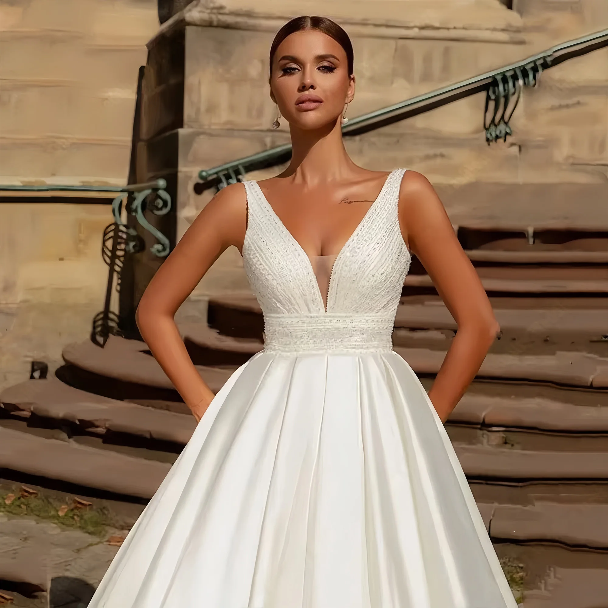 JEHETH Abiti da sposa eleganti con scollo a V senza maniche Tulle sexy A-Line Abiti da sposa Ball Mopping Lunghezza Abiti da sposa Personalizzati JEHETH elegante maniche a scollo a V abiti da sposa sexy tullo A-linea a
