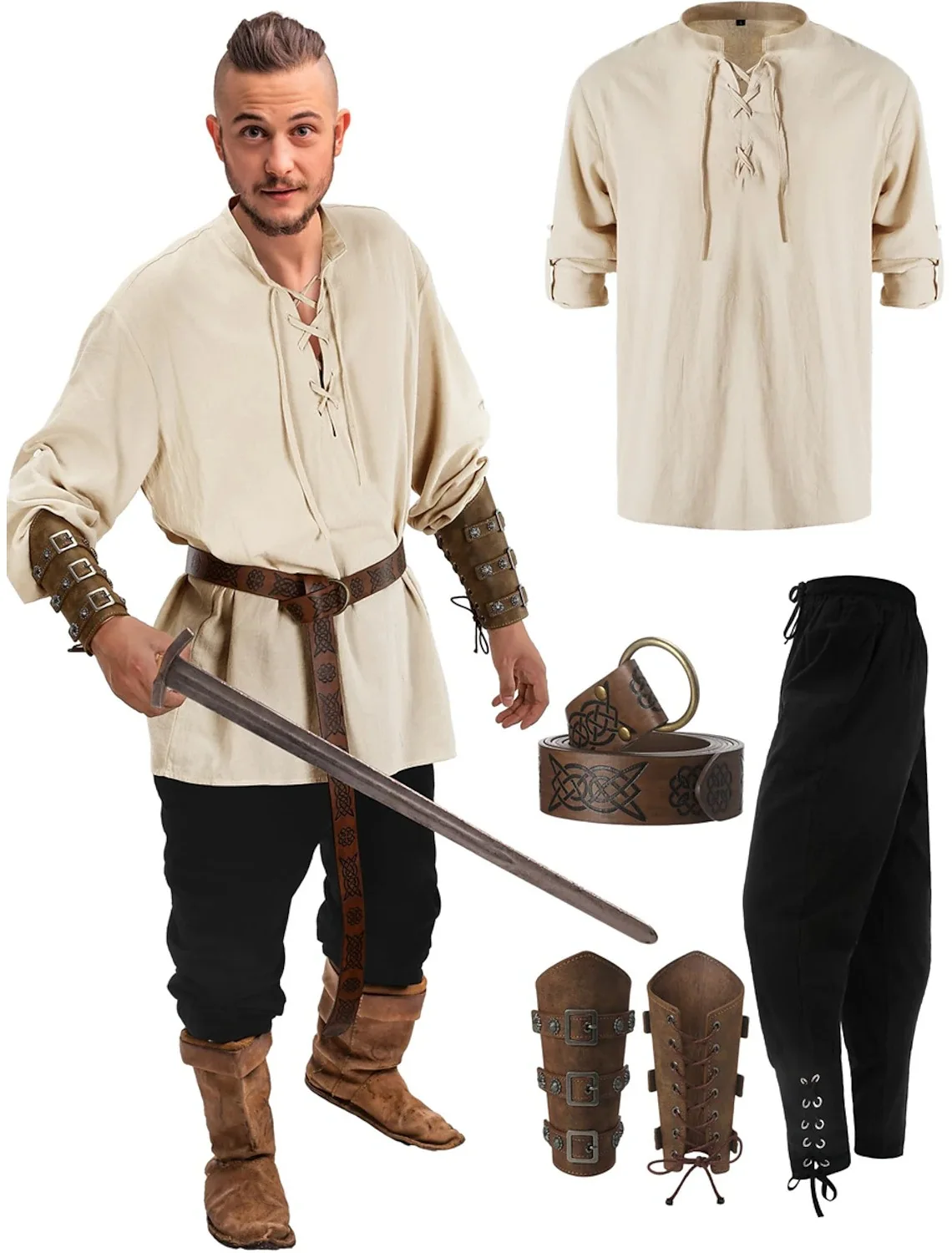 

4Pcs Halloween Men's Renaissance Costume Set Medieval Pirate Shirt Ankle Banded Pants Viking Belt Accessories